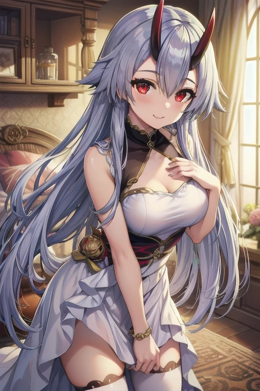 Masterpiece, best quality, tomoe gozen, torino style, 1person, adult, red eyes, cute smile, hair between eyes, silver hair, very long hair, oni horns, looking at viewer, medium breast, stockings, bridal dress