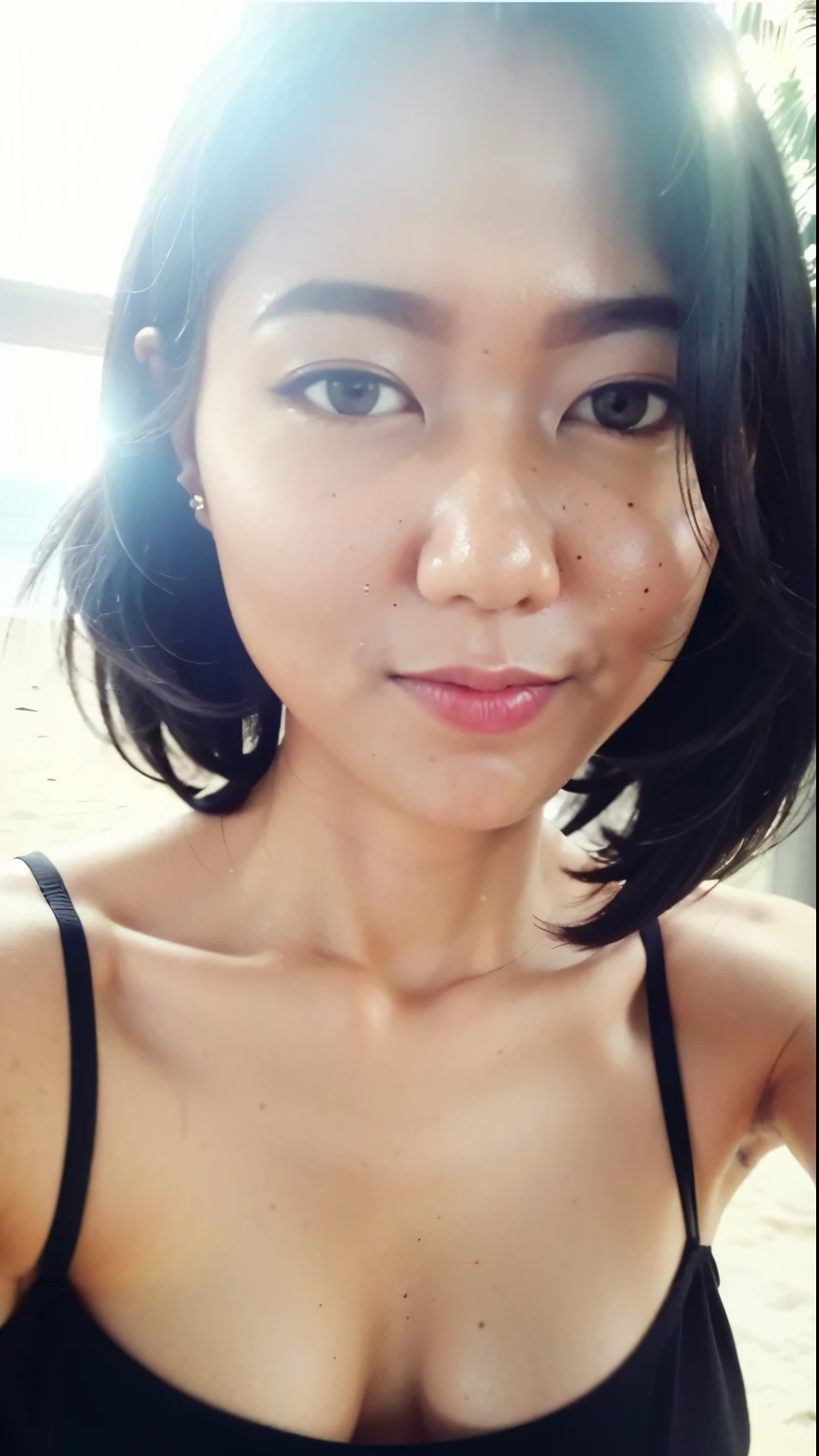 (top-quality、8K、32K、masterpiece、nffsw:1.2), nude, show full breasts、a necklace、simple background、From above、looking at the viewers、A sexy、Armpits、Show the armpits、the beach、Brazilian 、Armpit up、pores、Highlights of digression、armpits hair、piercings