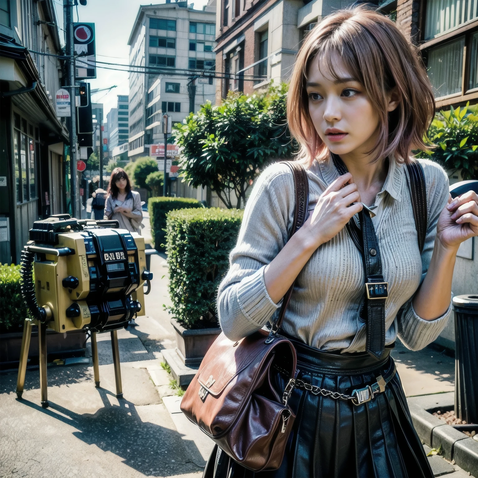 (masterpiece, best quality:1.2), (8k uhd, 16k, 32k, ultra high res), (photorealistic:1.37), (RAW photo), ultimate-realistic, ultimate-realistic details, ultimate-realistic texture, ultimate-intricate details, ultimate-realistic lighting, ultimate-realistic shadow, japanese girl, (pink hair), (blue eyes), ultimate-cute face, ultimate-RAW skin, ultimate-realistic eyes, (mechanical:1.4), (armor), full body, wide shot, realistic background