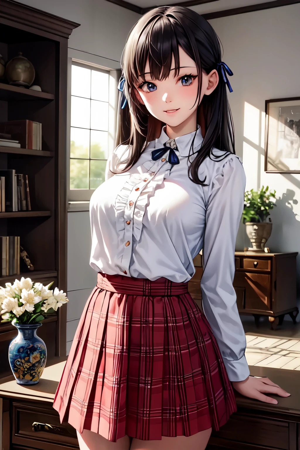 very cute and beautiful girl,(highly detailed beautiful face and eyes),(smile),looking at viewer,cowboy shot,
(white blouse with detailed frills),long sleeve BREAK standing,arms behind back,
hair ribbon,black hair,hime cut,(scarlet plaid mini skirt)
 BREAK antique living room,flowers in vase,wooden desk,(bookshelf:0.9),jewelry box,european carpet,distant trees,
(best quality,masterpiece),absurdres,highres,ultra-detailed,extremely detailed,32k,8k resolution,
intricate details,cinematic scene,detailed background,solo,dynamic angle,