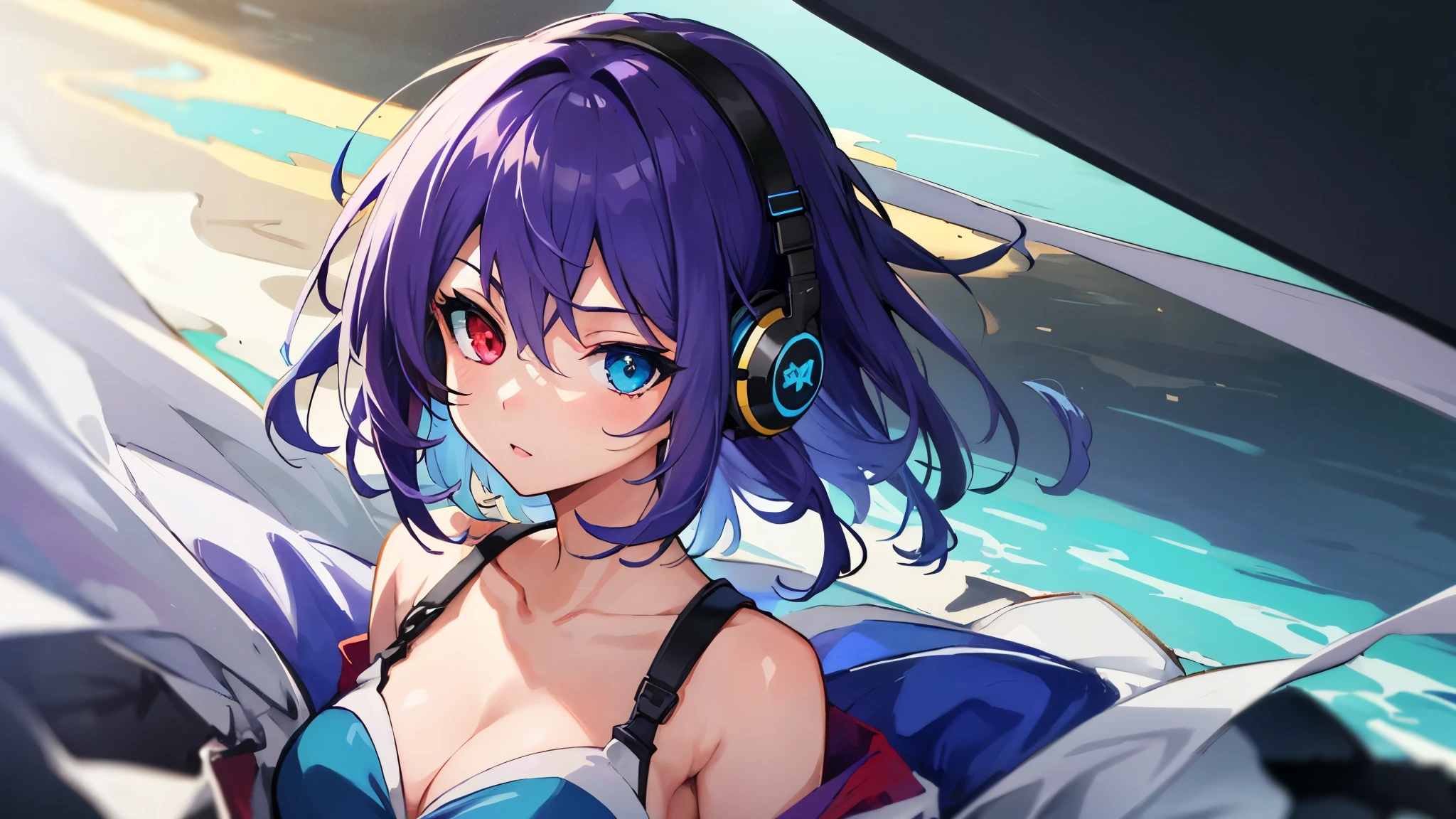 anime,highest quality,High resolution,One girl,only,short hair,Purple Hair,Heterochromia(Red eyes,blue eyes),Upper Eye,headphone