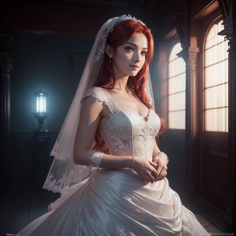 (((medium full shot))), (Masterpiece, photorealistic, photorealism, best quality, ultra-detailed:1.3), (nice hands, perfect hands), official art, cinematic light, (1girl:1.3), adult, ((Red hair, Wedding Dress)), Black eyeliner, A little smile, (Standing pose:0.7), (Blue light:1.2), Temple in the background, Rich interior