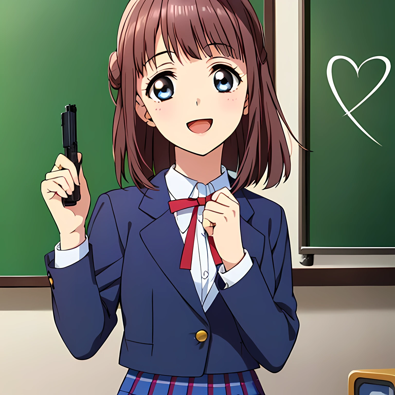 highest quality, (masterpiece:1.2), Very detailed, Game CG, (((Very beautiful girl in school uniform1A fashion model is drawing a heart symbol on a blackboard while looking at the board))), ((The girl everyone loves)), (((Brown and very shiny short bob hair))), (((Navy blue blazer))), ((Dark navy blue checked long skirt)), ((((Very beautiful and shining eyes)))), ((Very long eyelashes)), A large crimson ribbon on the chest, ((An elegant expression like a noble princess)), (((A beautiful and enchanting smile))), Small face and great posture, ((Heavenly happiness)), (((Blur the background))), ((Very intelligent face)), ((Anime heroine smiling and open mouth)), ((Shooting from the side))