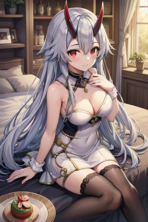 Masterpiece, best quality, tomoe gozen, torino style, 1person, adult, red eyes, cute smile, hair between eyes, silver hair, very long hair, oni horns, looking at viewer, medium breast, stockings, bridal dress