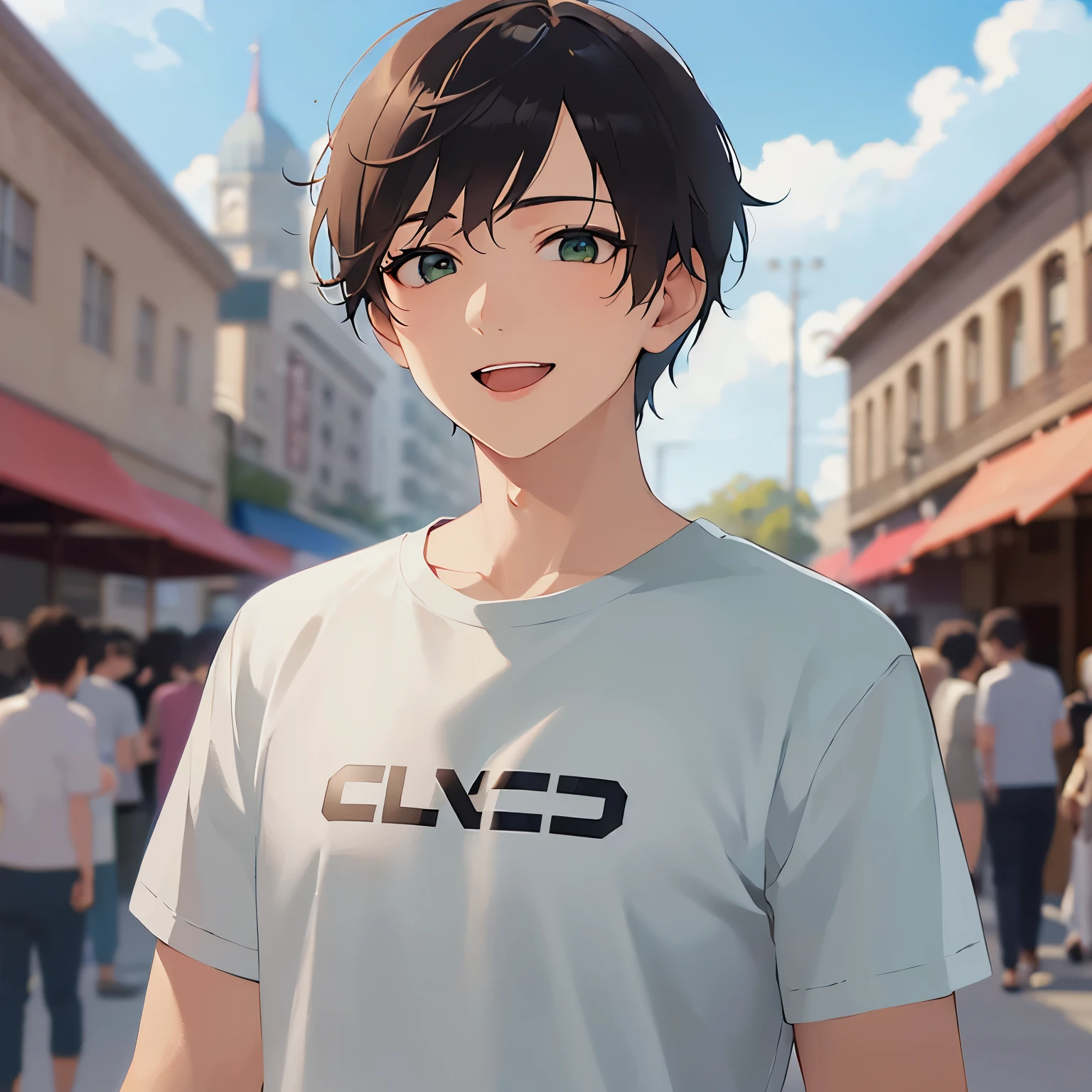 upper body、shiny skin, masterpiece、highest quality、(25-year-old male:1.5) and (Brown short hair) and (Green Eyes), (White T-shirt)、(smile:1.3), open mouth, The background is an amusement park、(alone:1.5)
