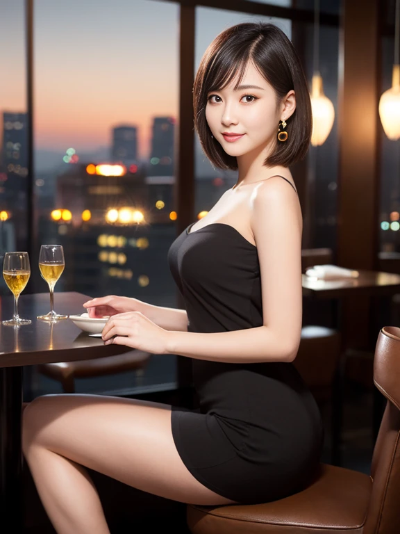 (masterpiece)、(highest quality:1.5)、(16k wallpaper:1.2)、(Photorealistic:1.2)、(Ultra-detailed:1.2)、(超A high resolution:1.2),(Surreal), (High resolution), (Very detailed), (Professional), (Realistic), (Post-processing), (Very detailed),(Sharp focus), Sharp focus:1.2,Photorealistic, Ultra-realistic, Backlight, Bright light, (Improvement of quality:1.4),
Healthy thighs、Narrow waist、Big Ass、(Beautiful legs)、((Perfectly detailed five-fingered hands)),(Anatomically correct body)、((1 female:1.4))、Realistic Skin、(Small chest:1.4),Pretty woman with perfect figure:1.4,(from the front:1.5), (Enhances the beauty of skin texture:1.1),
(Beautiful fine details), (Detailed face),Beautiful realistic face,No makeup、美しいBlack Hair、Super Beauty、The best smile、Natural color lip、Even bangs、((29-year-old woman))、Bob Hair、Hair blowing in the wind, (Black Hair, Iris, Watery eyes, Shining Eyes, Short bob cut hair, Small earrings, Lightly reddish), Hair behind the ear、No makeup、(Drooping eyes)、Drooping eye corners、One beautiful woman, Wear casual business attire,The background is a high-end restaurant on the 40th floor...、High-end restaurant in a high-rise building、gothic and gorgeous、Amazing night view from the big windows、Sit in the window seat、The view from the 40th floor is amazing、Luxury restaurant with night view、Very complex and detailed night scene、very classy restaurant interior、Dim lighting、Very elegant and classy lighting、very luxurious atmosphere、The most luxurious and elegant interior、The most exclusive atmosphere in the world))