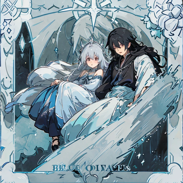 Beautiful anime art: divine couple: a cold girl with silver hair in a flowing blue and white dress and a dark, strong guy with black hair in scarlet and black clothes