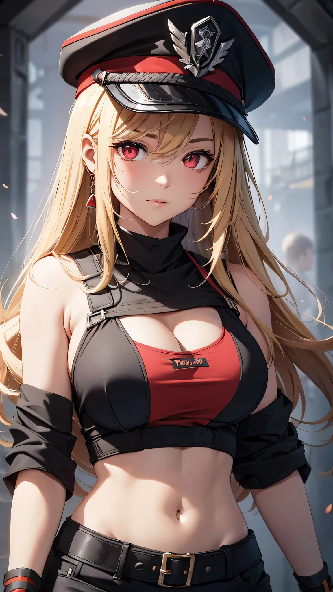 最high quality、Best image quality、masterpiece、girl((Age 25、 By becoming、Best Bust、Medium Bust,Wide open breast tea、Red glowing eyes,Blonde、Red Mesh、Disheveled Hair、Lointail、thin,The highest valley、Open chest、Luminous Wristbands、hair ornaments、Show the whole body,Black tank top、Red Bandana、Military pantuscular、revolver、scar、Military Cap)),high quality、Beautiful art、background((Photography room))、Flight、Flying debris、Written boundary depth、movie、Visual Arts、Perfect art、8K,Genuine,