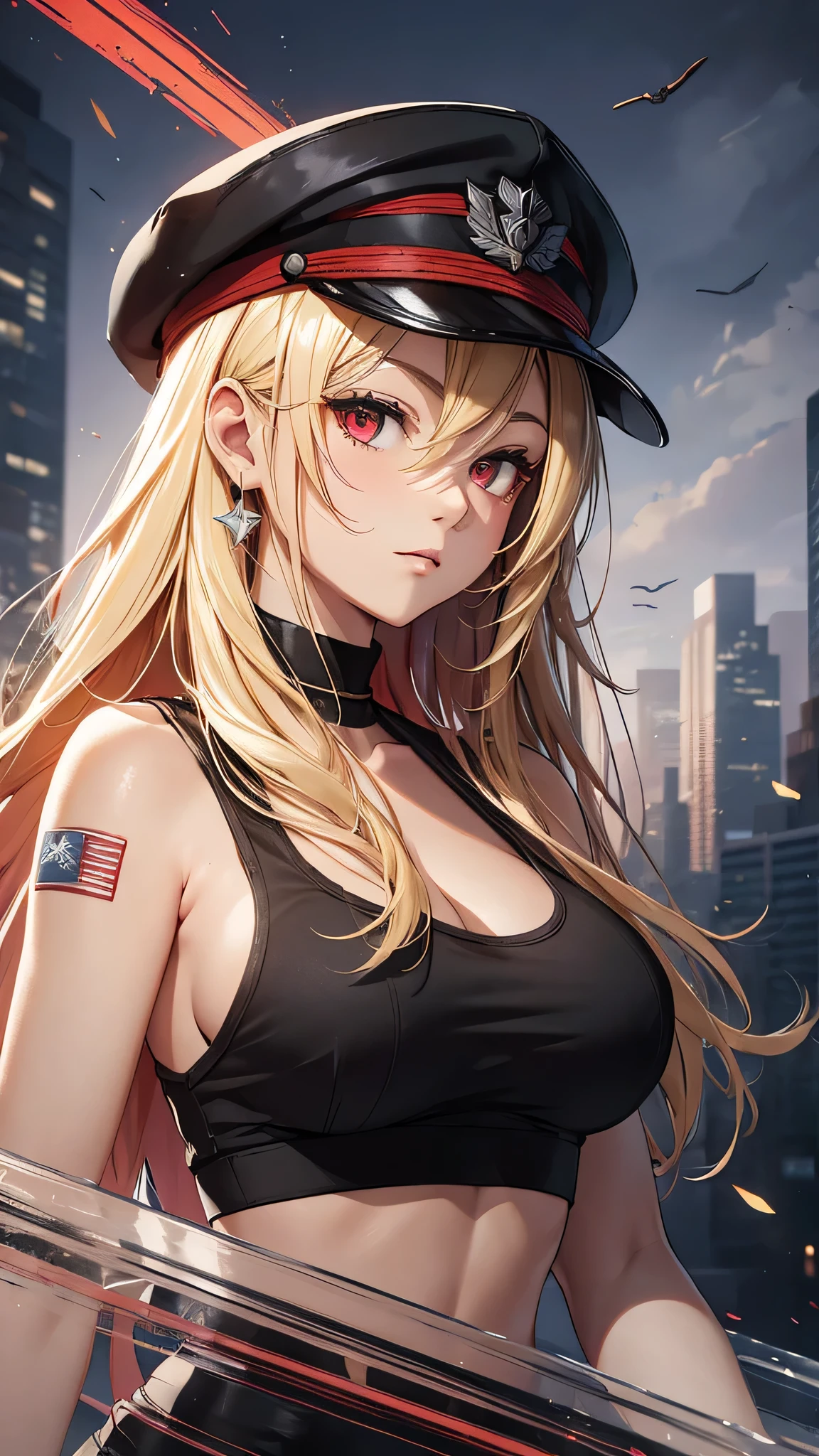 eating a hamburger cowgirl US flag fashion Vtuber style blonde hair 1girl glamorous pose master piece best quality ultra detailed