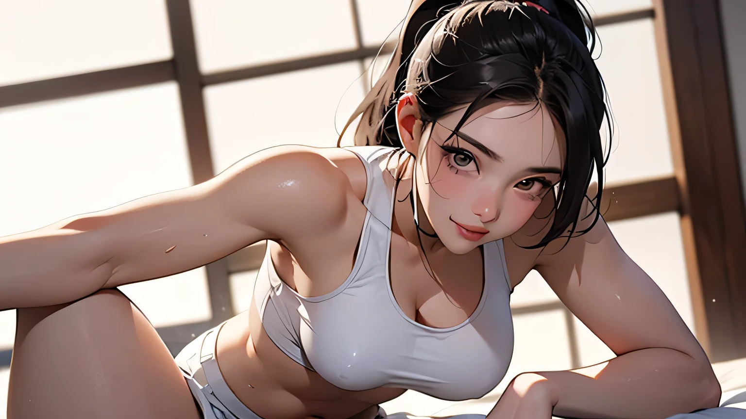 8k, highest quality, super high resolution, 1 female, 1980s pop culture anime style, 21 years old, (masterpiece, high resolution, detailed), Japanese, sweating, short cut, ponytail, big breasts (photorealistic): 1.4), (Famous Japanese Actress: 1.2), very beautiful, cute, professional photo, very delicate and beautiful, very detailed, very detailed beautiful girl, very detailed face, very detailed eyes, Very detailed skin, very detailed fingers, very detailed nose, very detailed mouth, perfect anatomy, realistic body, fair skin, glowing skin, slender body, good figure, looking at camera, smiling, cute Smile (Black Hair, (Ponytail, Beautiful Girl, Perfect Small Face, F Cup, Big Breasts, Best)) Masterpiece, Best Image Quality, High Resolution, Solo Performance, Beautiful Korean Woman Wearing Perfect Fit Fitness Wear, Toned Showing off his abs and curvaceous figure. White sports bra emphasizes his sexiness, voluptuous chest. White shorts reach 10cm above his knees, showing off his tan, athletic legs. Close-up focus: sweaty, muscular man, intense Let's take a break from exercise. Glowing when tired, his whole body was sweaty, glistening under the strong lights of the gym. His chest rises and falls with his breathing, his abs are toned and toned. Show off your body shape