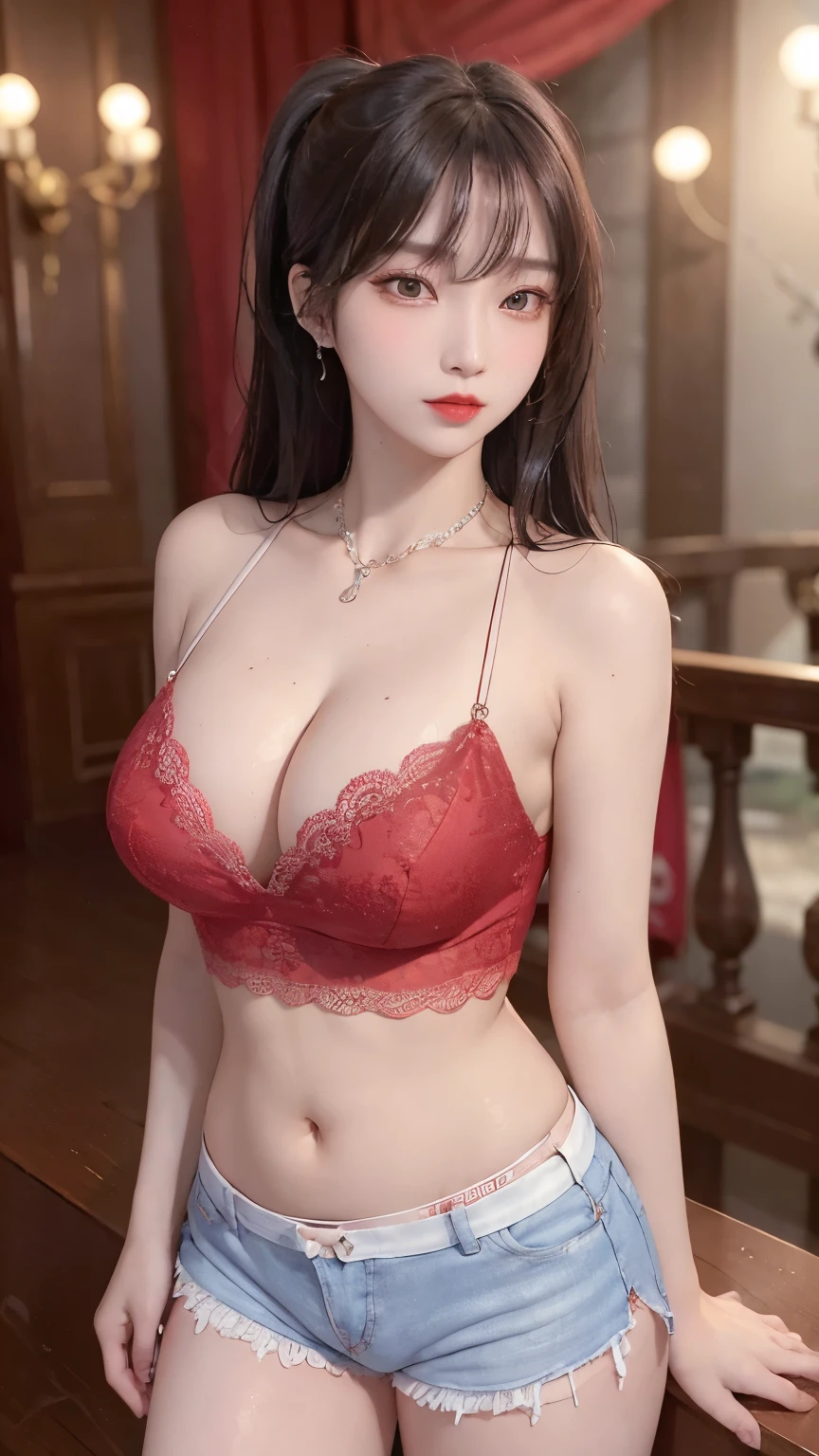 A sexy and charming korea woman, legs thrown back, elegant and intellectual, confident and generous, exquisite and beautiful face, exquisite collarbone, charming fragrant shoulders, navel, full body wet photo, body facing the front, beautiful and exquisite pretty face, peach Red lips, fragrant shoulders slightly exposed, super big breasts looming, focus on the face, seductive and delicate collarbone, ultra-high resolution, tender and smooth skin, very realistic details, bokeh, Bright Background, ultra-high-definition, outstanding details, 8K, blushing face, Attractive collarbone, sexy shoulders, one person, wet bob hair, ponytail long hair, smile with teeth, clothes((luxury red lace crop top and lace boxers with deep cleavage, luxury necklace):1.2), high detail, shiny skin, (standing pose:1.5),