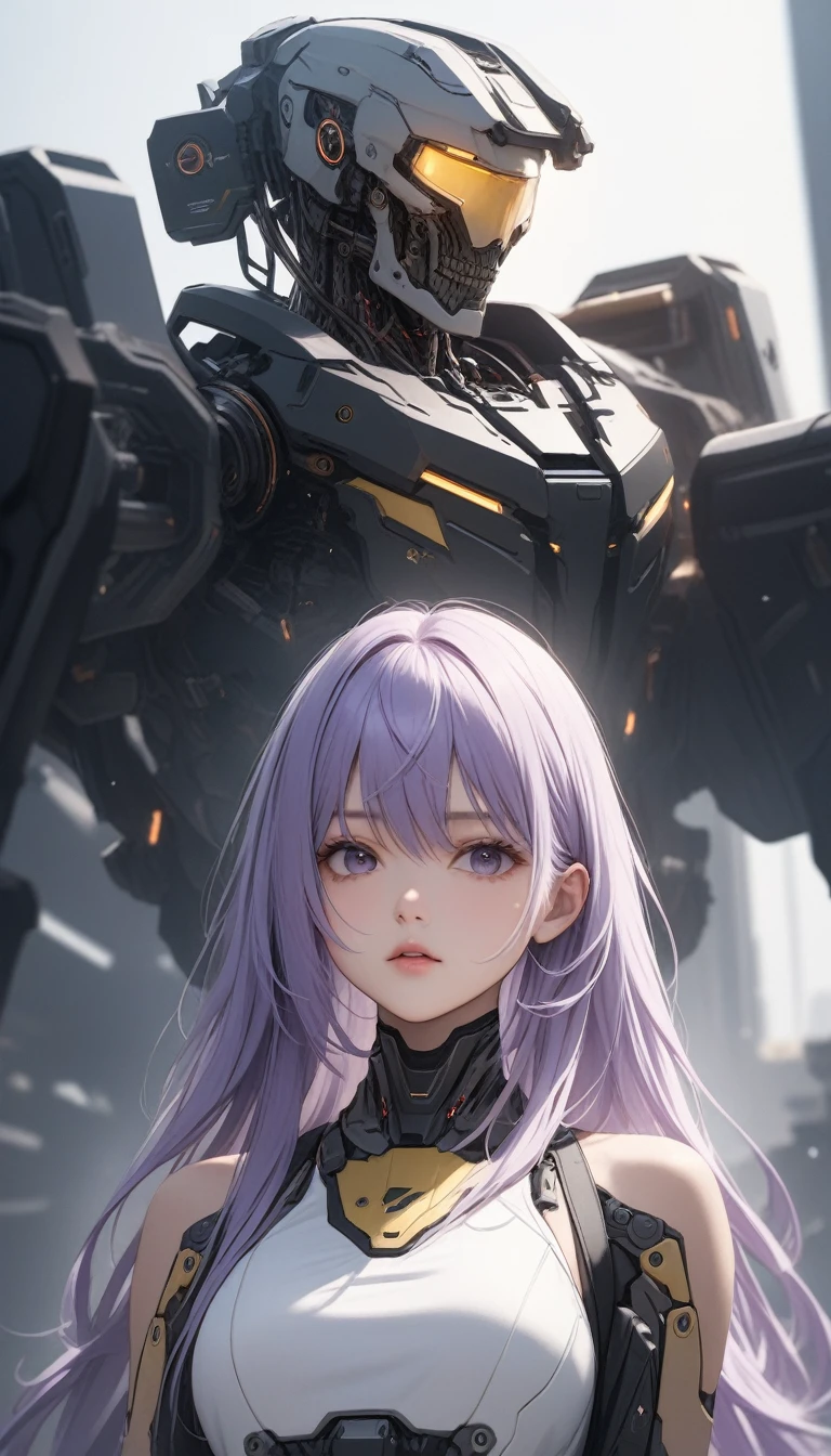 highest quality, detailed, 4K, RAW Photos, masterpiece, (gunner), Mysterious Girl, (Long Hair, White purple gradient), cyborg, BREAK, Yellow body, Red accents, Indifference, Indifference, kind, equip a sophisticated weapon