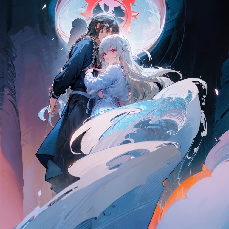 Beautiful anime art: divine couple: a cold girl with silver hair in a blue and white flowing dress and a dark, strong guy with black hair in scarlet and black flowing clothes