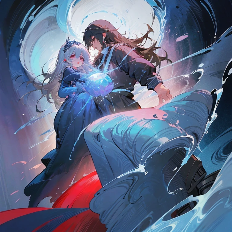 Beautiful anime art: divine couple: a cold girl with silver hair in a blue and white flowing dress and a dark, strong guy with black hair in scarlet and black flowing clothes