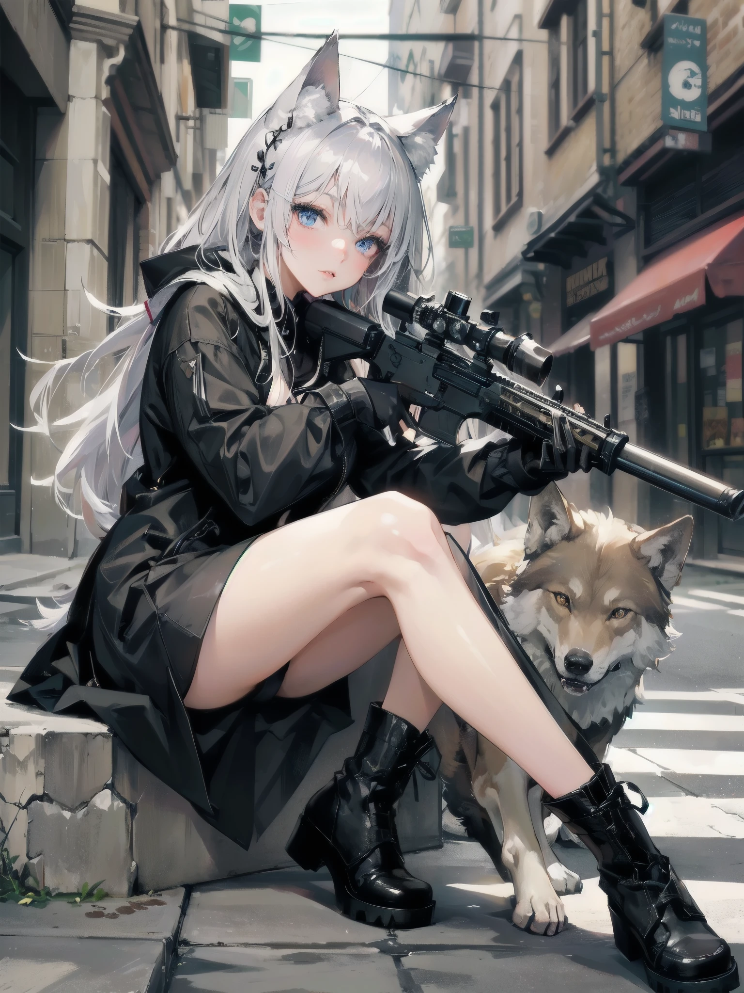 high quality,hd,16k,sharp line,1girl,fantasy,fem
ale wolf ears,wolf tail,beautiful hair ,cute face, large breasts ,nice legs,,focus girl,detailed beautiful face,detailed clothes,beautiful eyes,dynamic angle