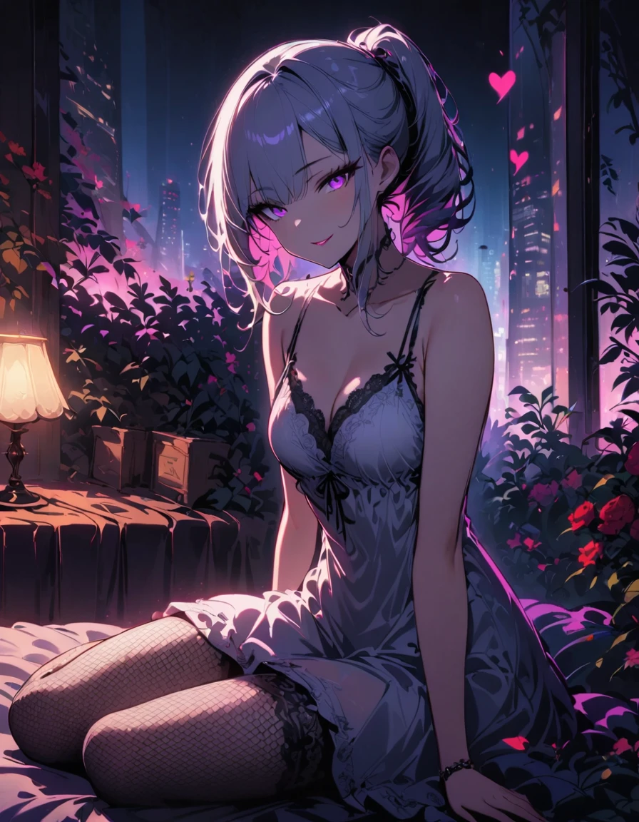 ((SFW)), (masterpiece, best quality, highres), 1 adult female, solo, nighttime, sitting on a bed, ((bed is outside)), forest in the background, ((white night gown, comfortable night gown, no sleeves night gown)), long silver hair, pale pink lips, Fishnet tights, ((heart shaped cornea, beautiful seductive smile)), three bangs, purple pupils, (facial details, beautiful eyes, eyes full of details), dim moon light