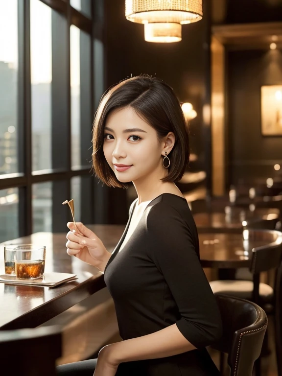 (masterpiece)、(highest quality:1.5)、(16k wallpaper:1.2)、(Photorealistic:1.2)、(Ultra-detailed:1.2)、(超A high resolution:1.2),(Surreal), (High resolution), (Very detailed), (Professional), (Realistic), (Post-processing), (Very detailed),(Sharp focus), Sharp focus:1.2,Photorealistic, Ultra-realistic, Backlight, Bright light, (Improvement of quality:1.4),
Healthy thighs、Narrow waist、Big Ass、(Beautiful legs)、((Perfectly detailed five-fingered hands)),(Anatomically correct body)、((1 female:1.4))、Realistic Skin、(Small chest:1.4),Pretty woman with perfect figure:1.4,(from the front:1.5), (Enhances the beauty of skin texture:1.1),
(Beautiful fine details), (Detailed face),Beautiful realistic face,No makeup、美しいBlack Hair、Super Beauty、The best smile、Natural color lip、Even bangs、((29-year-old woman))、Bob Hair、Hair blowing in the wind, (Black Hair, Iris, Watery eyes, Shining Eyes, Short bob cut hair, Small earrings, Lightly reddish), Hair behind the ear、No makeup、(Drooping eyes)、Drooping eye corners、One beautiful woman, Wear casual business attire,The background is a high-end restaurant on the 40th floor...、High-end restaurant in a high-rise building、gothic and gorgeous、Amazing night view from the big windows、Sit in the window seat、The view from the 40th floor is amazing、Luxury restaurant with night view、Very complex and detailed night scene、very classy restaurant interior、Dim lighting、Very elegant and classy lighting、very luxurious atmosphere、The most luxurious and elegant interior、The most exclusive atmosphere in the world))