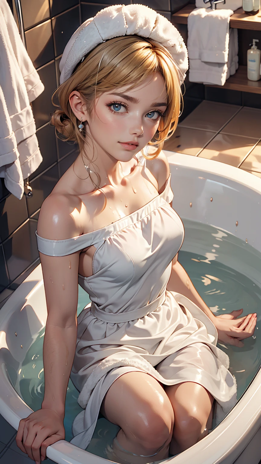 White woman、Bathroom、Soak shoulder-deep in the bathtub、good feeling、shampoo、rinse、mirror、smile、Wear a shower cap