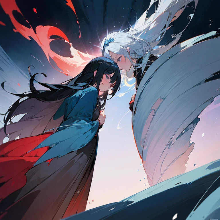 Beautiful anime art: divine couple: a cold girl with silver hair in a blue and white flowing dress and a dark, strong guy with black hair in scarlet and black flowing clothes