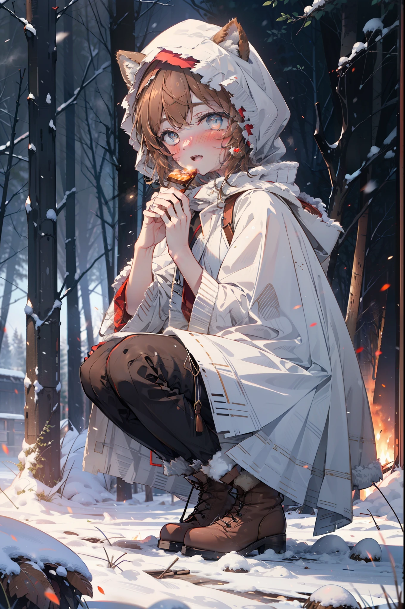 Lililukarde, Liliruka gets burned, Animal ears, (Brown eyes:1.7), Brown Hair, (Flat Chest:1.2), short hair,smile,blush,White Breath,
Open your mouth,snow,Ground bonfire, Outdoor, boots, snowing, From the side, wood, suitcase, Cape, Blurred, having meal, forest, White handbag, nature,  Squat, Mouth closed, Cape, winter, Written boundary depth, Black shoes, red Cape break looking at viewer, Upper Body, whole body, break Outdoor, forest, nature, break (masterpiece:1.2), highest quality, High resolution, unity 8k wallpaper, (shape:0.8), (Beautiful and beautiful eyes:1.6), Highly detailed face, Perfect lighting, Extremely detailed CG, (Perfect hands, Perfect Anatomy),