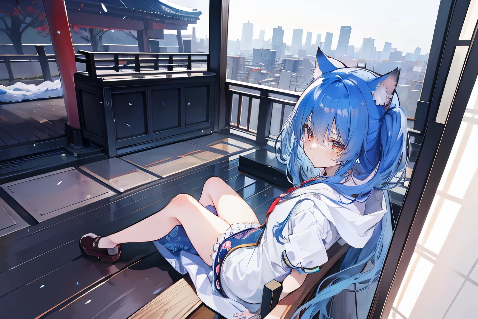 (masterpiece:1.2),Super detailed,lifelike,Expressive eyes,fair skin,perfect face shape,1 girl,
Japanese comics,Gorgeous blue hair,flowing blue hair,flowing clothes,Cat ears,Petals fall,beautiful lola,Baby Angel,
Cross your legs,Gentle and peaceful background,The pavilion is cool and comfortable,smile, wearing hoodie, background of tokyo,back views,snowing, winter.