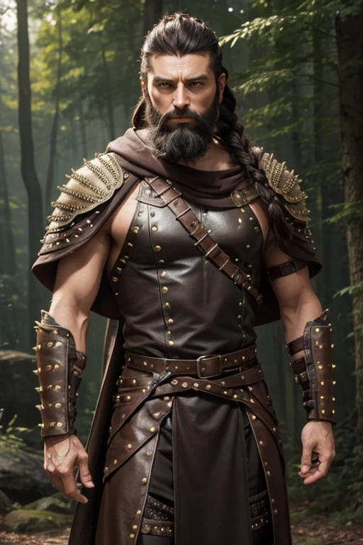 an older male human in full studded leather armour, he's holding a longbow and has a long brown cloak with furs, his hair is dark brown in a short mow-hawk with a ponytail and has a demented look to him, his beard is braided, the background is a forest