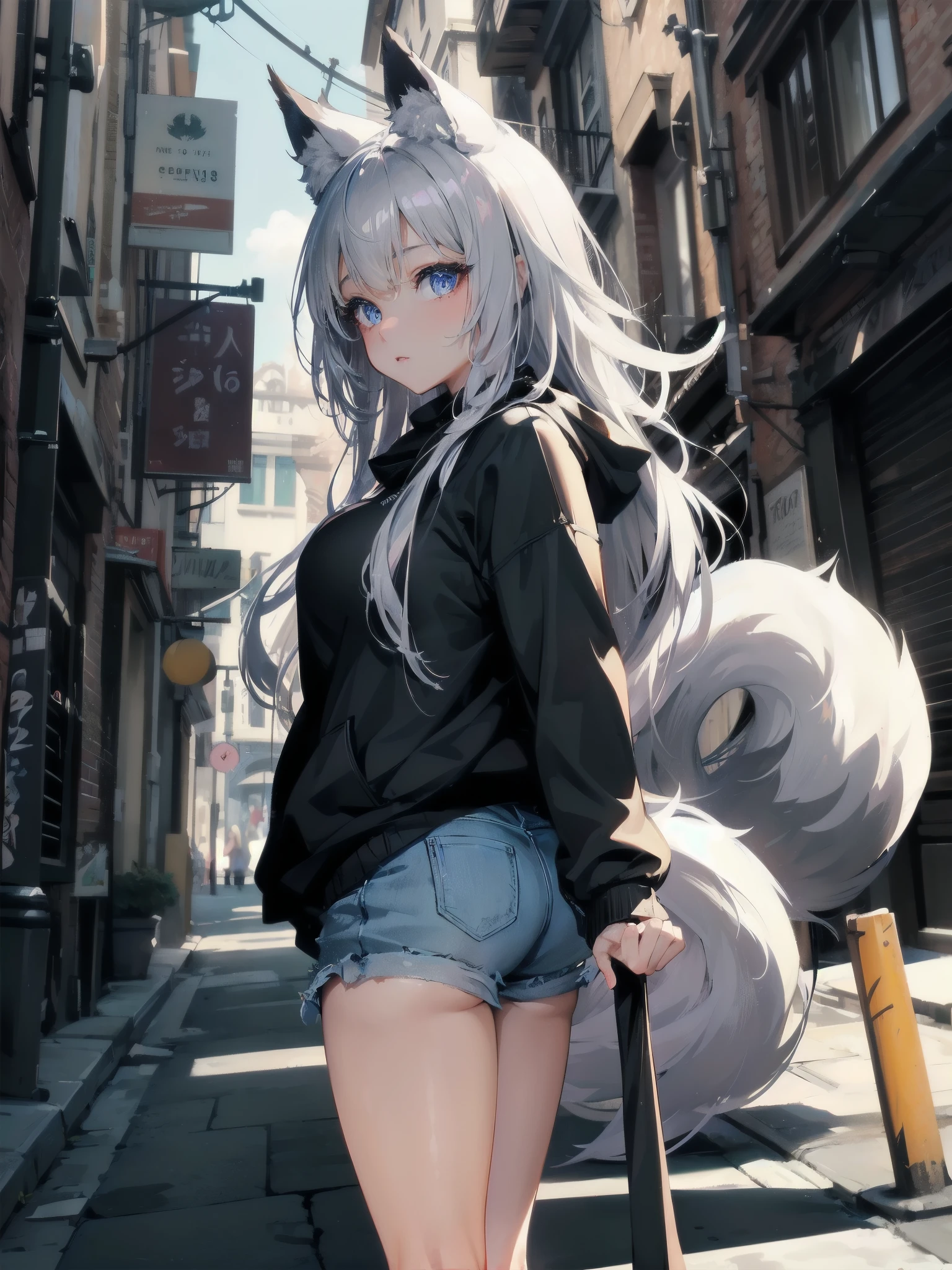 high quality,hd,16k,sharp line,1girl,fantasy,fem
ale wolf ears,wolf tail,beautiful hair ,cute face, large breasts ,nice legs,,focus girl,detailed beautiful face,detailed clothes,beautiful eyes,dynamic angle