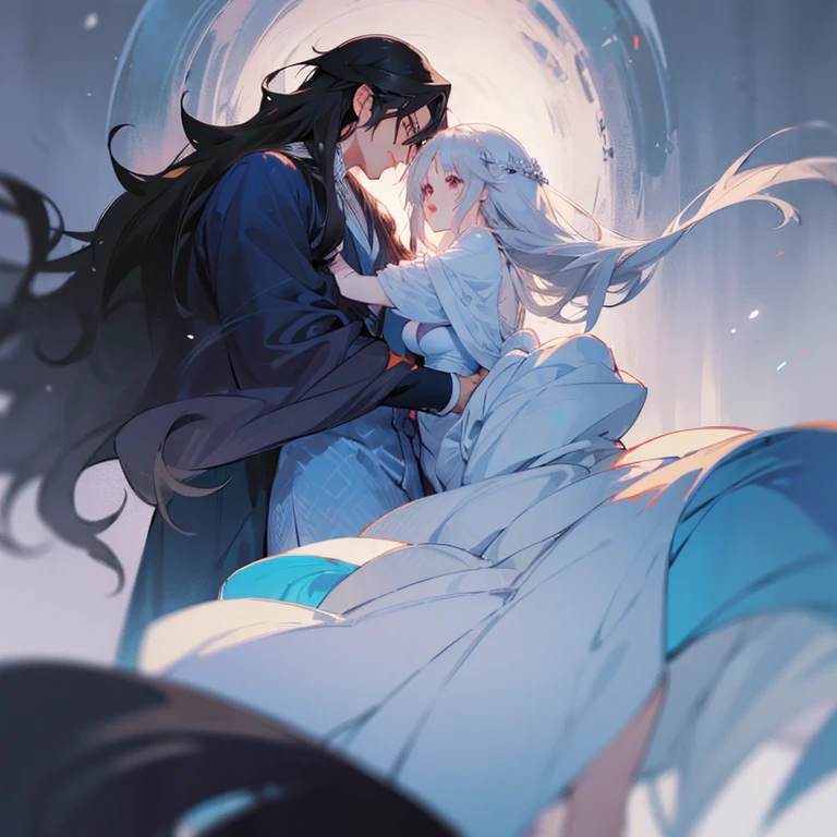 Beautiful anime art: divine couple: a cold girl with silver hair in a blue and white flowing dress and a dark, strong guy with black hair in scarlet and black flowing clothes