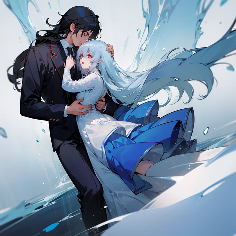 Beautiful anime art: divine couple: a cold girl with silver hair in a blue and white flowing dress and a dark, strong guy with black hair in scarlet and black flowing clothes