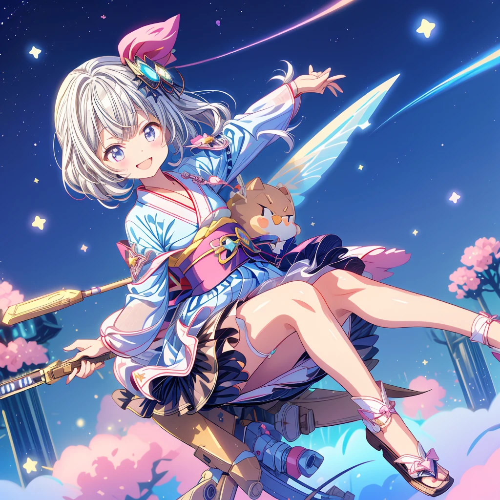 Star Fairy、CGゲームプレーン bsw 、Riding astride a flying vehicle、Smiling at the audience、Carries a magical rod with a star-shaped tip、kawaii tech、universe、rainbow、Gothic ****ta yukata made from a remade kimono、