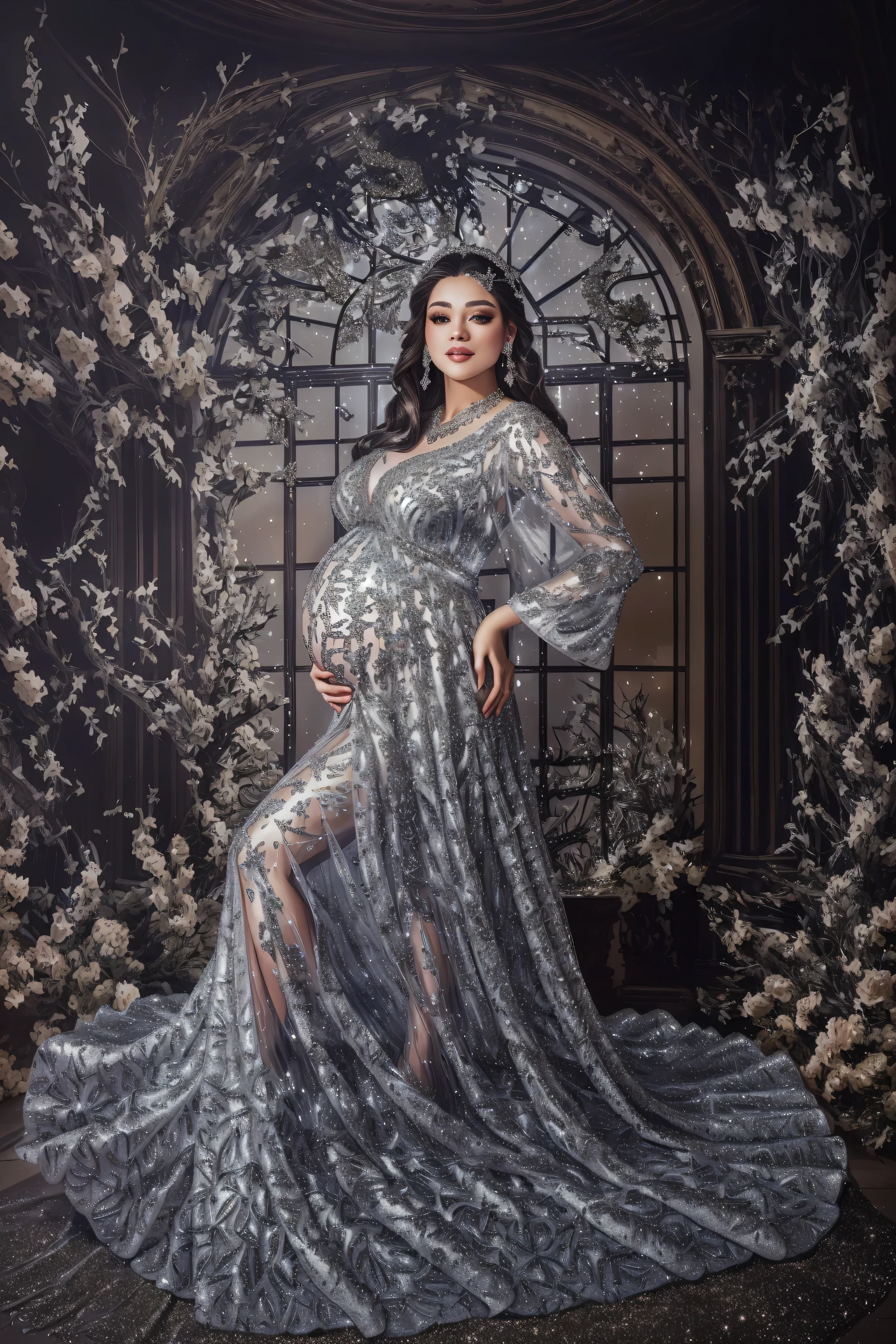 a pregnant woman in a silver dress posing for a photo, fantasy long intricate gown, royal gown, full body photoshoot, gown, full body portrait shot, fancy silver dress, beautiful gown, wearing long gown, intricate gown, full body photograph, long gown, wearing a sparkling dress, glitter dress, dressed beautiful gown, glimmering, full body wide shot