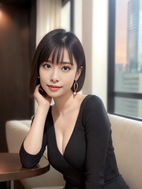 （masterpiece）、(highest quality:1.5)、(16k wallpaper:1.2)、(Photorealistic:1.2)、(Ultra-detailed:1.2)、(超A high resolution:1.2),(Surreal),  (High resolution), (Very detailed), (Professional), (Realistic), (Post-processing),  (Very detailed),(Sharp focus), Sharp focus:1.2,Photorealistic, Ultra-realistic, Backlight, Bright light, (Improvement of quality:1.4),

Healthy thighs、Narrow waist、Big Ass、（Beautiful legs）、((Perfectly detailed five-fingered hands)),（Anatomically correct body）、((1 female:1.4))、Realistic Skin、（Small chest：1.4）,Pretty woman with perfect figure:1.4,(from the front:1.5), (Enhances the beauty of skin texture:1.1),

 (Beautiful fine details), (Detailed face),Beautiful realistic face,No makeup、美しいBlack Hair、Super Beauty、The best smile、Natural color lip、Even bangs、((29-year-old woman))、Bob Hair、Hair blowing in the wind, (Black Hair, Iris, Watery eyes, Shining Eyes, Short bob cut hair, Small earrings, Lightly reddish), Hair behind the ear、No makeup、(Drooping eyes)、Drooping eye corners、One beautiful woman, Wear casual business attire,The background is a high-end restaurant on the 40th floor...、High-end restaurant in a high-rise building、gothic and gorgeous、Amazing night view from the big windows、Sit in the window seat、The view from the 40th floor is amazing、Luxury restaurant with night view、Very complex and detailed night scene、very classy restaurant interior、Dim lighting、Very elegant and classy lighting、very luxurious atmosphere、The most luxurious and elegant interior、The most exclusive atmosphere in the world))