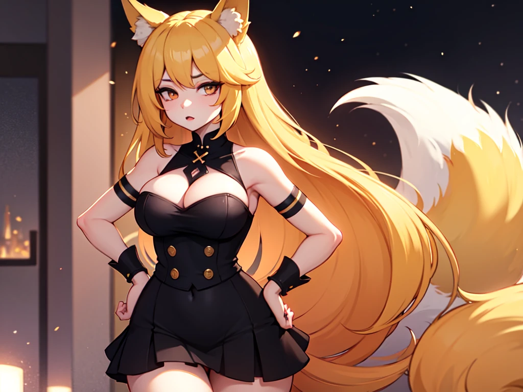 best quality, masterpiece, high resolution, CG, 1 Girl, Animal ears, Tail, Fox ears, Solitary, fox Tail, Large Breasts, High Leg Raise, Blonde hair, multiple Tails, large breasts, Heart, Long hair, Hands on Hips, cleveage, black High Leg Raise, Looking at the audience, Bare shoulders, Facial Tagging, skirt,, nail, underwear, Alternative clothing, Fox Girl, light, frank, photo, high resolution, 4K, 8k, Bokeh, Upper Body