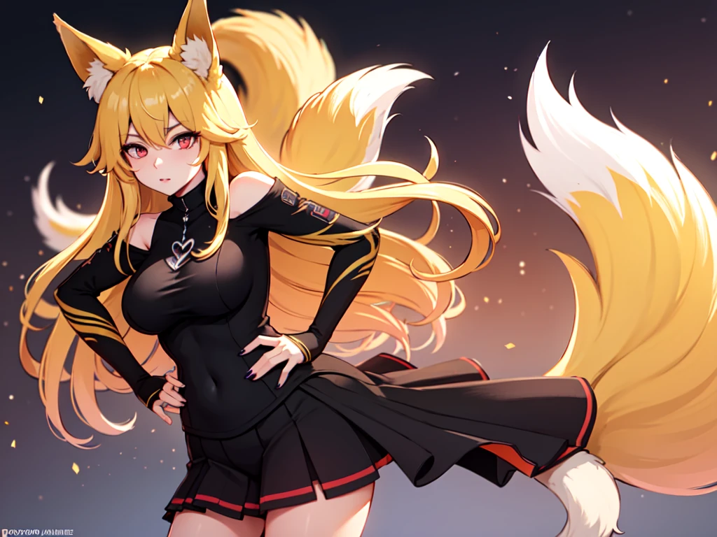 best quality, masterpiece, high resolution, CG, 1 Girl, Animal ears, Tail, Fox ears, Solitary, fox Tail, Large Breasts, High Leg Raise, Blonde hair, multiple Tails, large breasts, Heart, Long hair, Hands on Hips, cleveage, black High Leg Raise, Looking at the audience, Bare shoulders, Facial Tagging, skirt,, nail, underwear, Alternative clothing, Fox Girl, light, frank, photo, high resolution, 4K, 8k, Bokeh, Upper Body