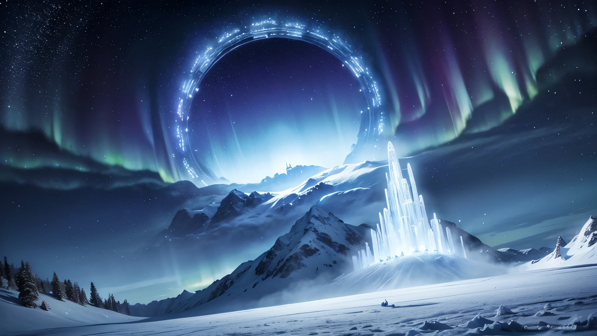 Book cover. A beautiful starry night view. There is an aurora. The place was snowy. White snow covers the trees and the ground. There is an ice castle in the distance (only drawn small on the far left). On the far right, there is a huge golden gate that is like a portal to another world.