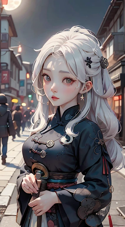 masterpiece, Highest, night, full moon, 1 female, Mature Woman, Chinese style, ancient China, sister, Royal Sister, Cold Face, Expressionless, A woman with long silvery white hair, Light pink lips, Calm, intellectual, Slieban, Gray Hitomi, Assassin, Long sword, Swordsman, Finding, Street view, Facial details,Big eyes