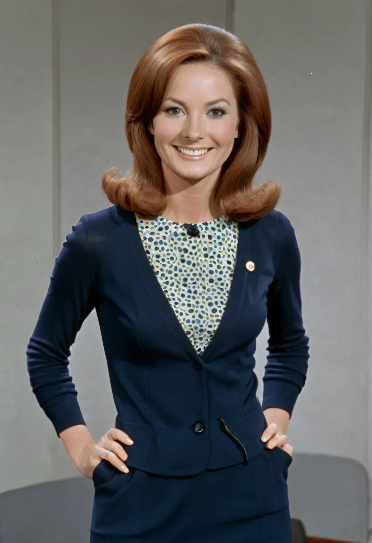 woman, 1970, auburn hair, slender, reporter, smiling, shrug off