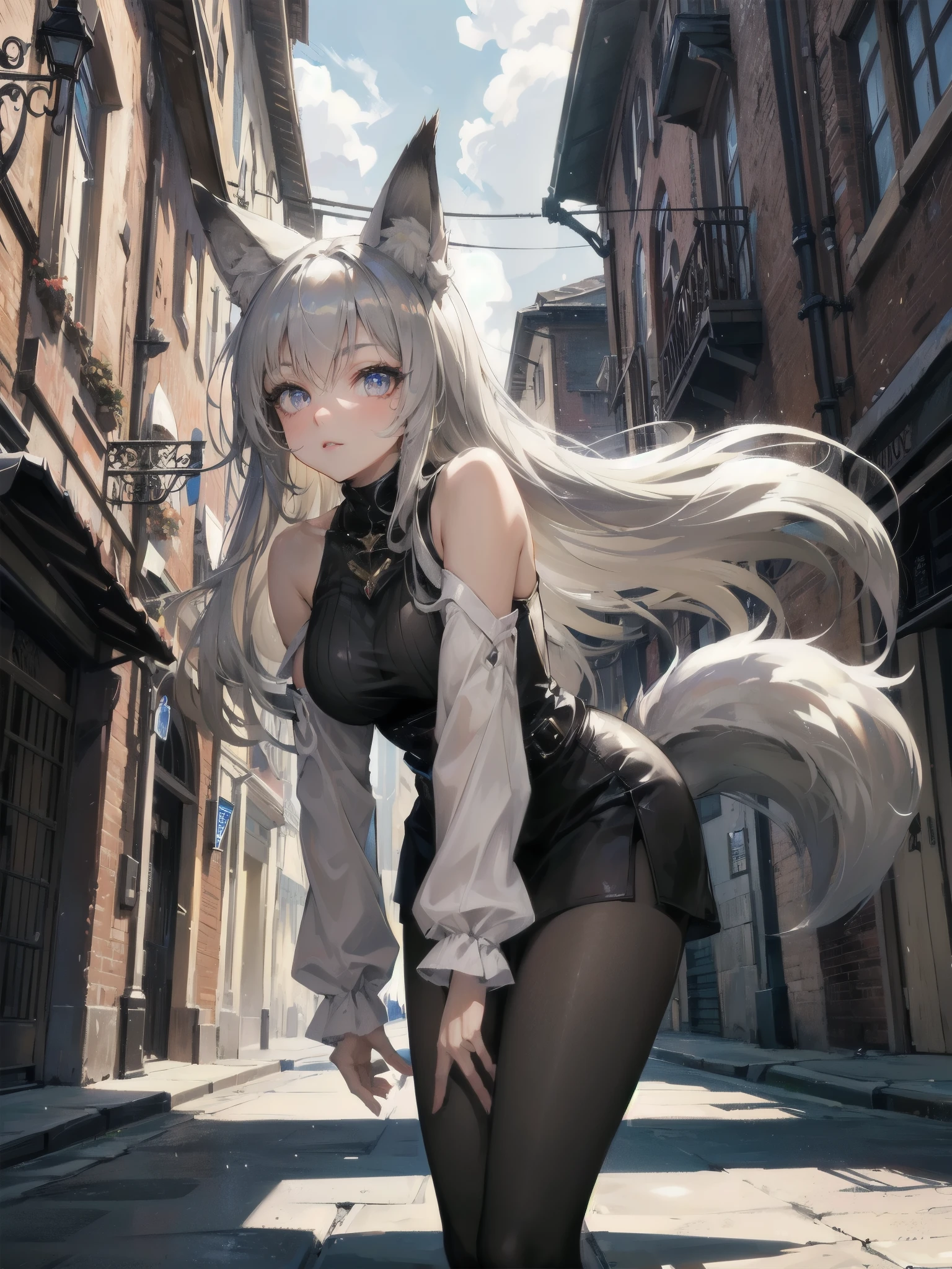  masterpiece, (textured skin), best quality, gorgeous beautiful, (a beautiful girl,wolf ears),detailed clothes,large breasts,narrow waist,, (beautiful face), cinematic lighting, (fantasy anime art ),