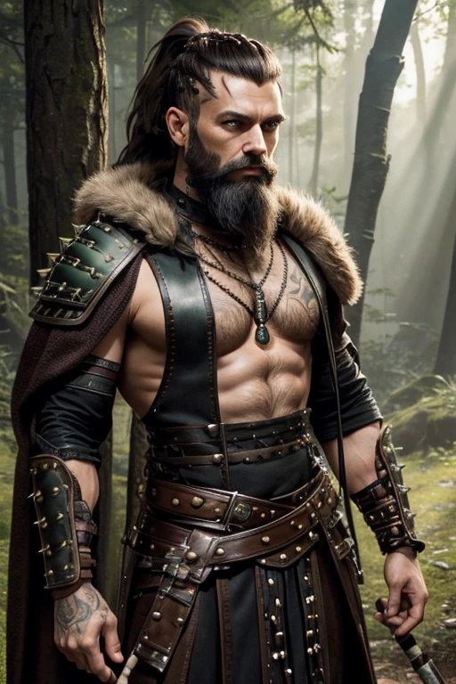 an older male human in full studded leather armour, he's holding a longbow and has a long brown cloak with furs, his hair is brown in a short mow-hawk with a ponytail and has a demented look to him, his beard is braided, the background is a forest, extensive tattoos on hos face and body are faded green