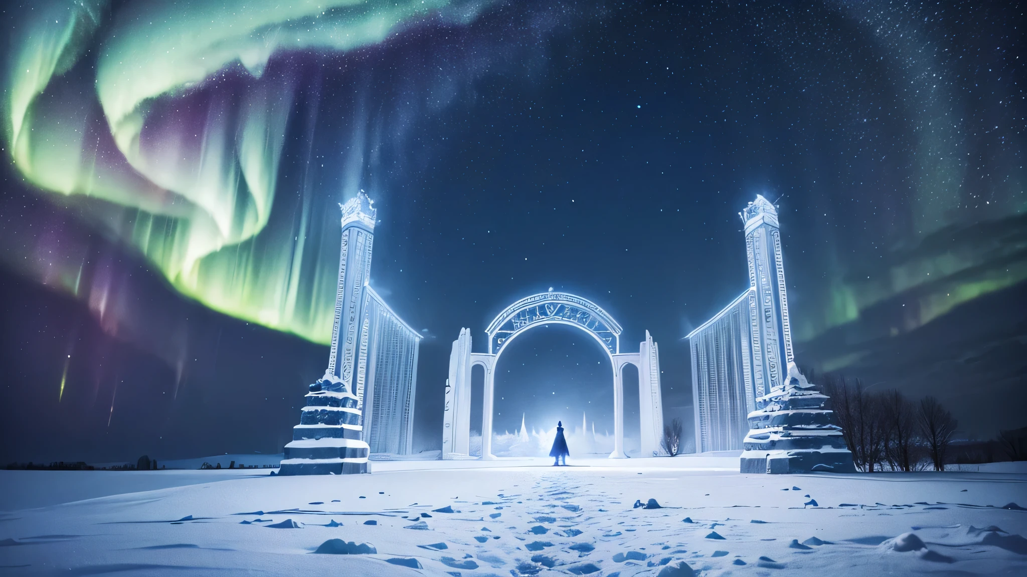 Book cover. A beautiful starry night view. There is an aurora. The place was snowy. White snow covers the trees and the ground. There is an ice castle in the distance (only drawn small on the far left). On the far right, there is a huge golden gate that is like a portal to another world.
