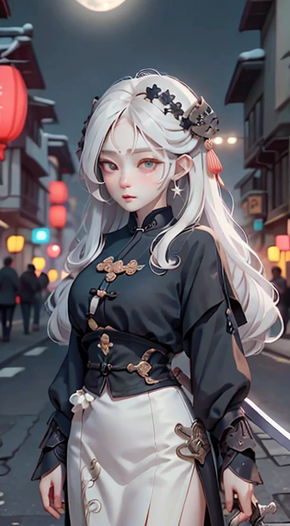 masterpiece, Highest, night, full moon, 1 female, Mature Woman, Chinese style, ancient China, sister, Royal Sister, Cold Face, Expressionless, A woman with long silvery white hair, Light pink lips, Calm, intellectual, Slieban, Gray Hitomi, Assassin, Long sword, Swordsman, Finding, Street view, Facial details,Big eyes、Beautiful woman