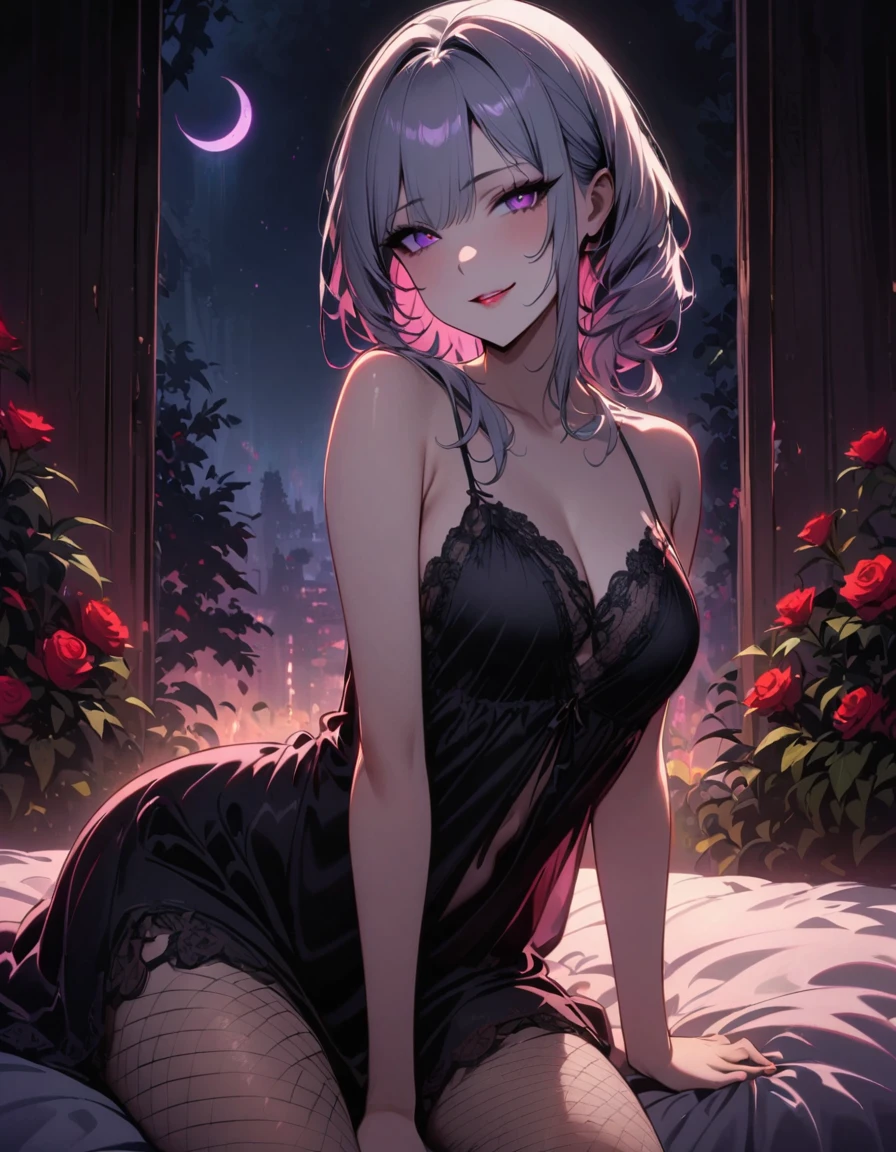 ((SFW)), (masterpiece, best quality, highres), 1 adult female, solo, nighttime, sitting on a bed, ((bed is outside)), forest in the background, ((white night gown, comfortable night gown, no sleeves night gown)), long silver hair, pale pink lips, Fishnet tights, ((heart shaped cornea, beautiful seductive smile)), navel showing, three bangs, purple pupils, (facial details, beautiful eyes, eyes full of details), dim moon light