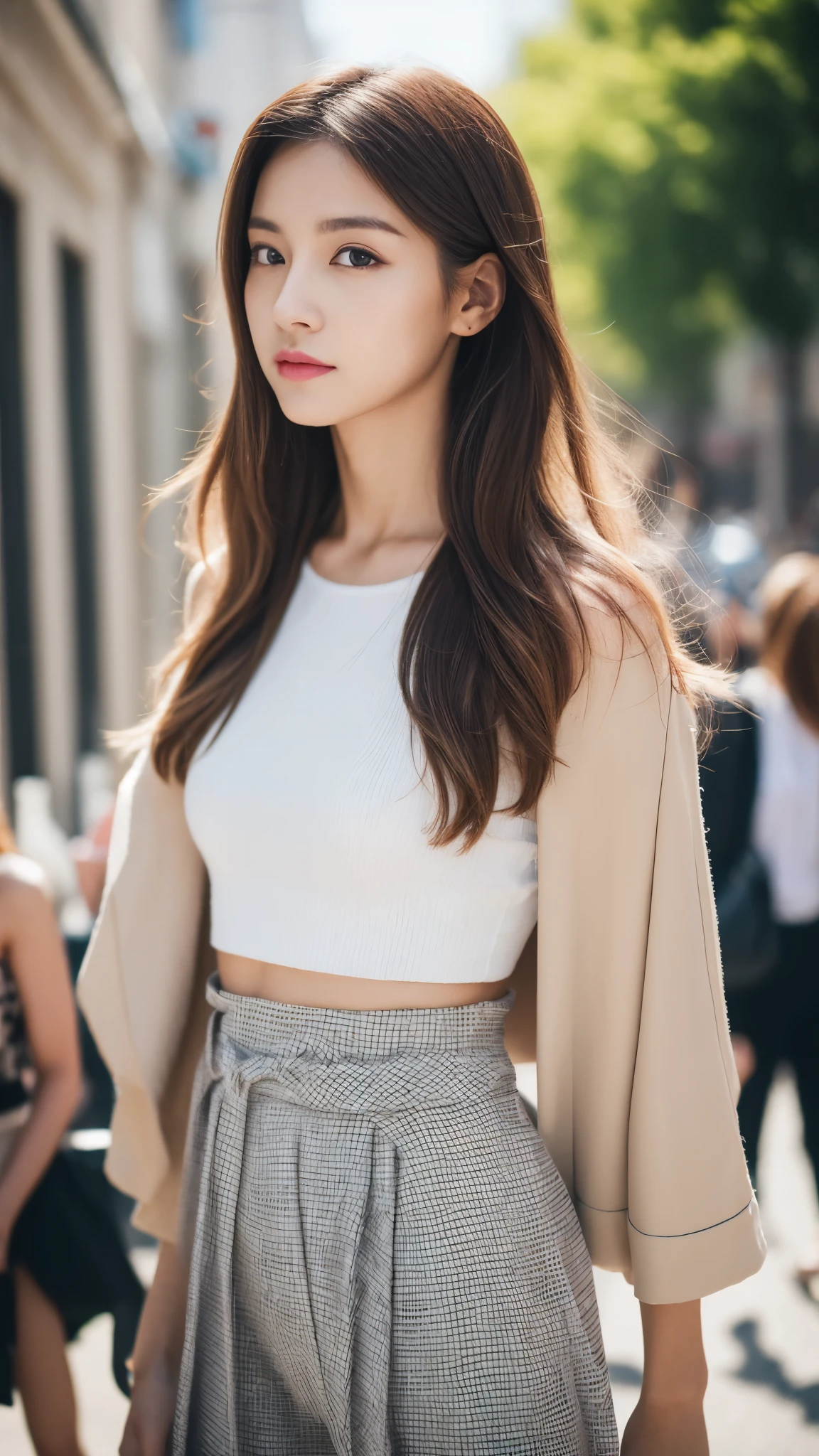 Women's street style photo, Shot with Sony A 7RIII, Sunlight、Fashion for the end of summer、Model body type、Very fashionable、Chic outfits、high-level image quality、hight resolution、realistic skin textures
