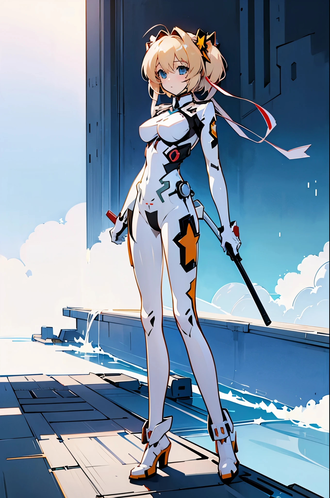 8k, masterpiece, realistic, 1girl, ((Komari_Kamikita)), blonde_hair, twin_tails, ribbons, medium_breasts, hollow_eyes, (white_comet_bodysuit), white_Bodysuit, (white_fortified_suit), latex, sniper_rifle, a woman in a white outfit holding a gun standing on a platform,  female action anime girl, anime character; full body art, anime girl of the future, (high_Heels), first_aid_kit, ((medic)), sexy