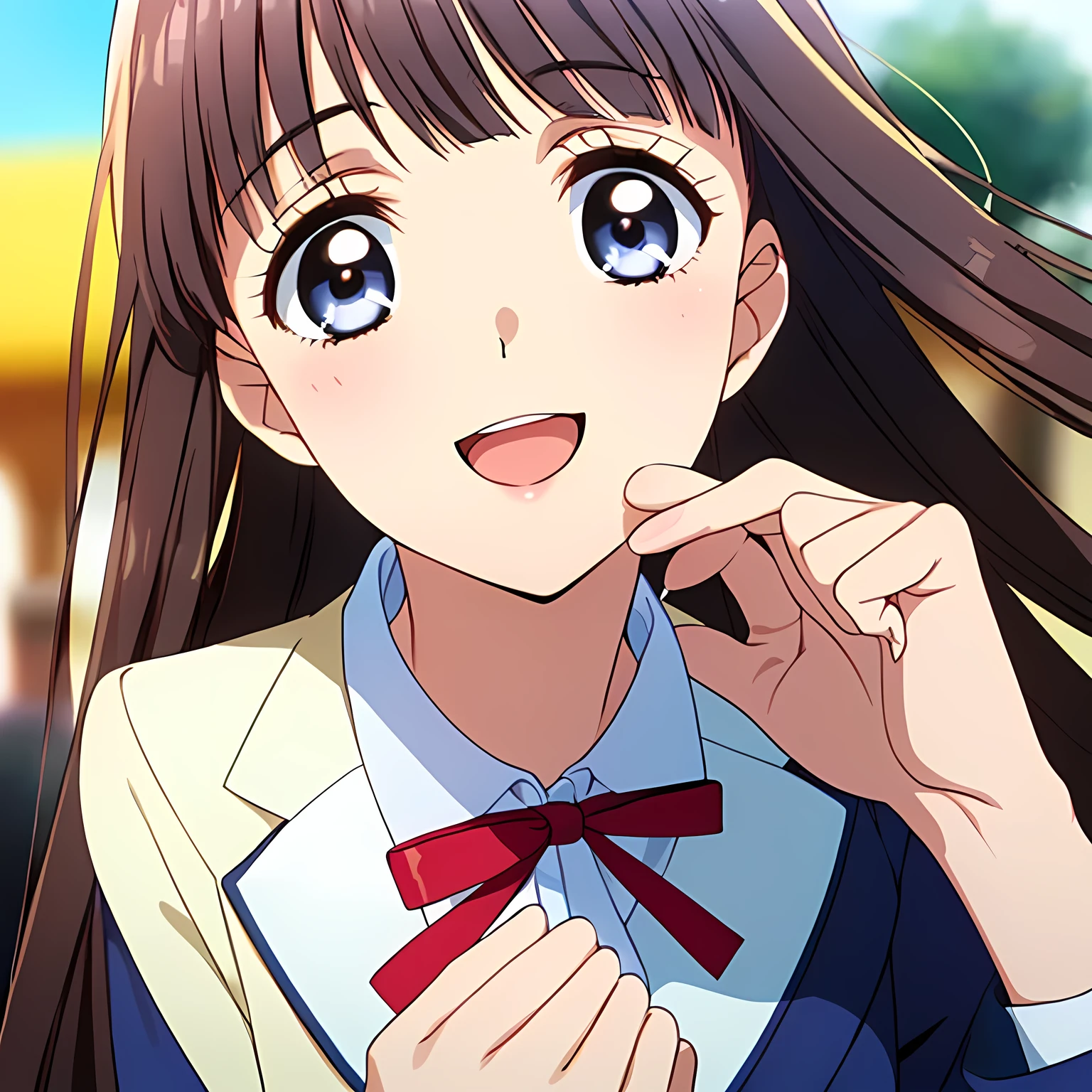 highest quality, (masterpiece:1.2), Very detailed, Game CG, ((((A close-up shot of a girl in a very beautiful school uniform)))), ((The girl everyone loves)), (((Very beautiful hair))), (((Navy blue blazer))), ((Dark navy blue checked long skirt)), ((((Very beautiful and shining eyes)))), ((Very long eyelashes)), A large crimson ribbon on the chest, ((An elegant expression like a noble princess)), (((A beautiful and enchanting smile))), Small face and great posture, ((Give the viewer a heavenly feeling of happiness)), (((Blur the background))), ((Very intelligent face)), ((Anime heroine smiling and open mouth))