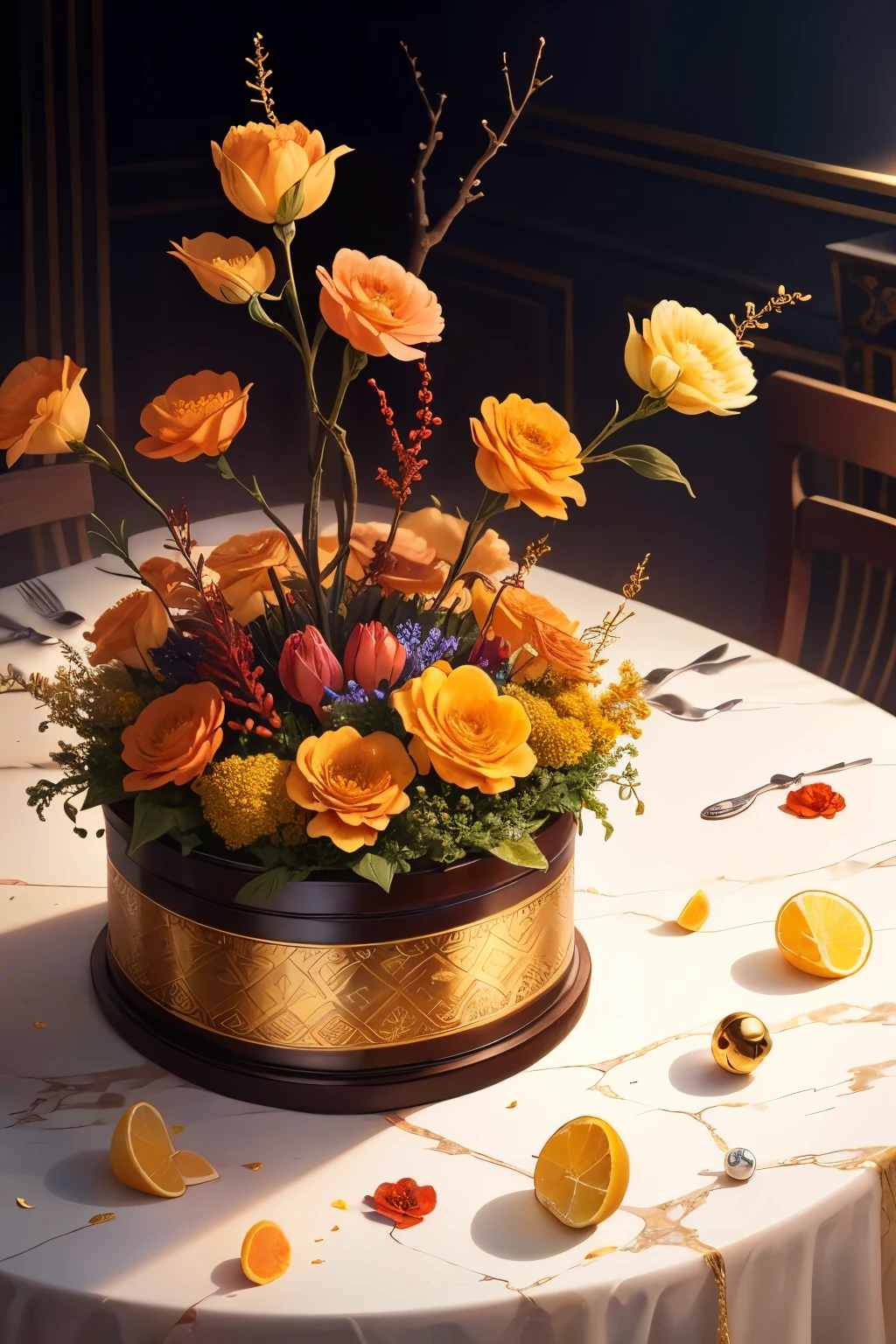 A luxurious and captivating illustration featuring a golden cylindrical box labeled 'PEELS,' filled with a bouquet of stunning orange peel flowers. The box rests gracefully on a marble table embellished with intricate designs, reflecting the soft, warm light from the background. The room is softly illuminated, displaying a vase filled with red peel flowers and offering a blurred glimpse of lavish surroundings. A golden chain adorned with delicate pearls adorns the table, imparting a sense of sophistication and refinement to the scene, ideal for a high-fashion or cinematic setting.