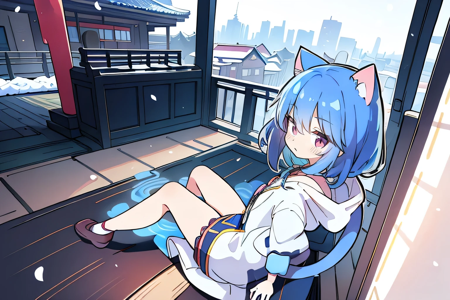 （masterpiece：1.2），Super detailed，lifelike，Expressive eyes，fair skin，perfect face shape，1 girl，
Japanese comics,Gorgeous blue hair,flowing blue hair,flowing clothes,Cat ears,Petals fall,beautiful lola,Baby Angel,
Cross your legs，Gentle and peaceful background，The pavilion is cool and comfortable,smile, wearing hoodie, background of tokyo,back views,snowing, winter.