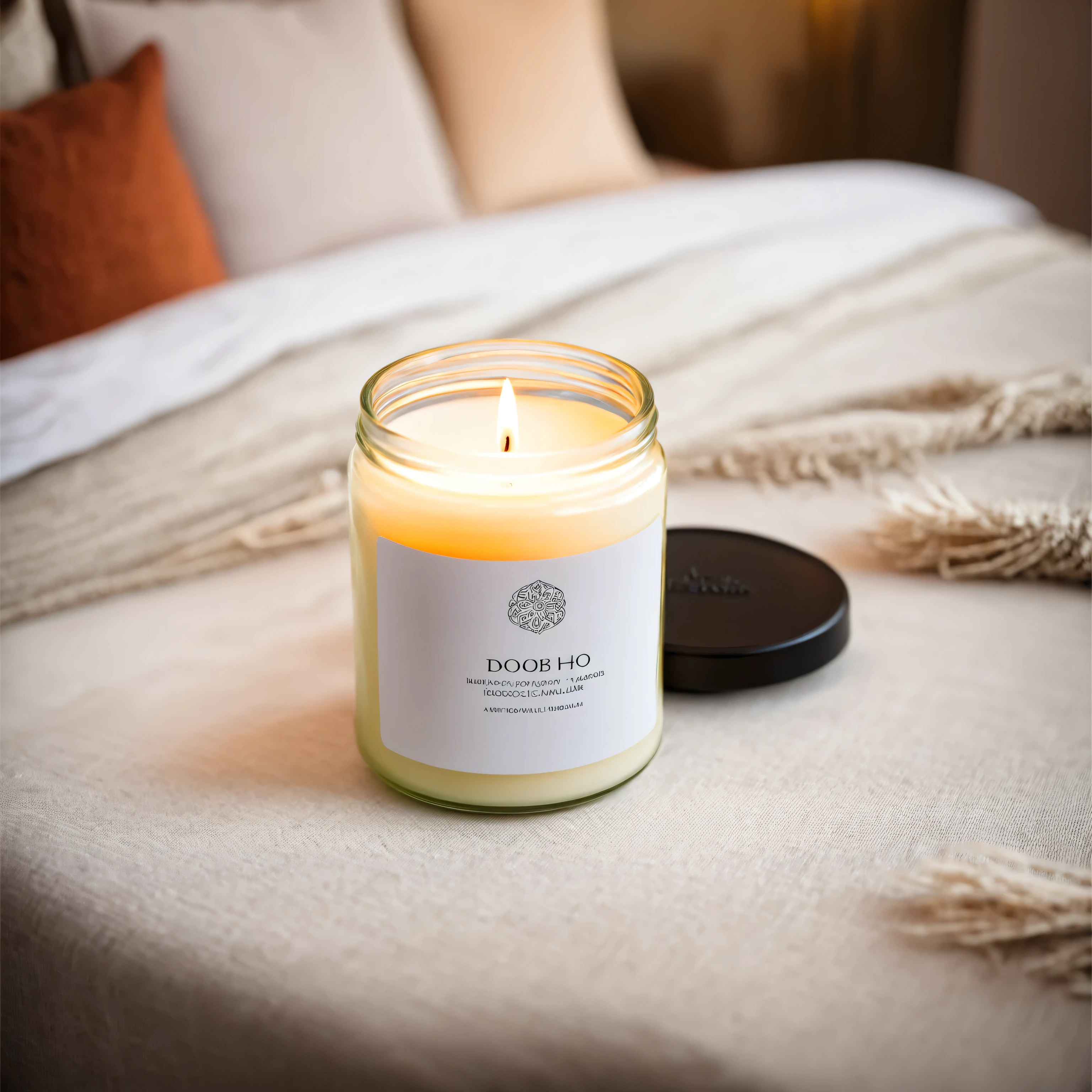 small candle in a jar with white label and black lid, standing on a table with cosy boho bedroom in defocused background, daylight, professional photography, a7s 50mm macro lens