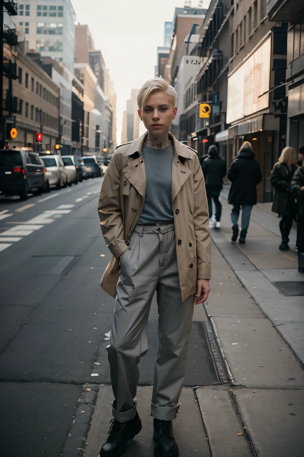 Full body picture of a young androgynous female with androgynous shaved blonde hair standing in nyc street, in the style of trench coat, baggy pants, completely flat chest, androgynous body with few arm tattoo, zeiss planar t* 88mm f/2.8, kodak portra, uhd image, sovietwave, distinct facial features,
