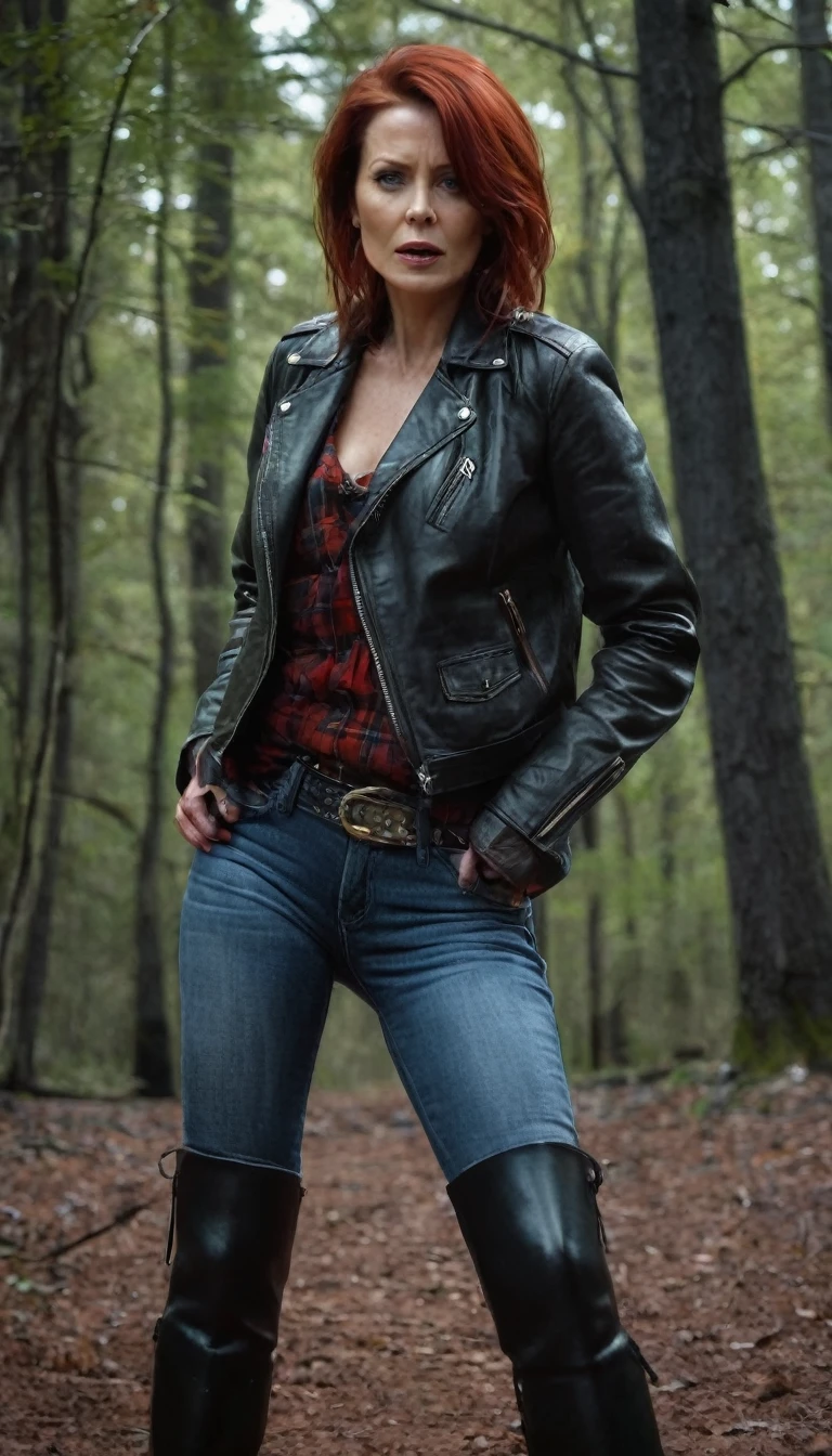 Hyper-realistic, ultra-detailed, Raw, masterpiece. dark forest. 40-years-old woman. on face: fright, depraved. (leather jacket), flannel shirt, (heels), (leather tight-high-boots:1.2), (jeans), shortness of breath, Trapped in lust, defenseless, Copper-red hair, sweat, hard breath,